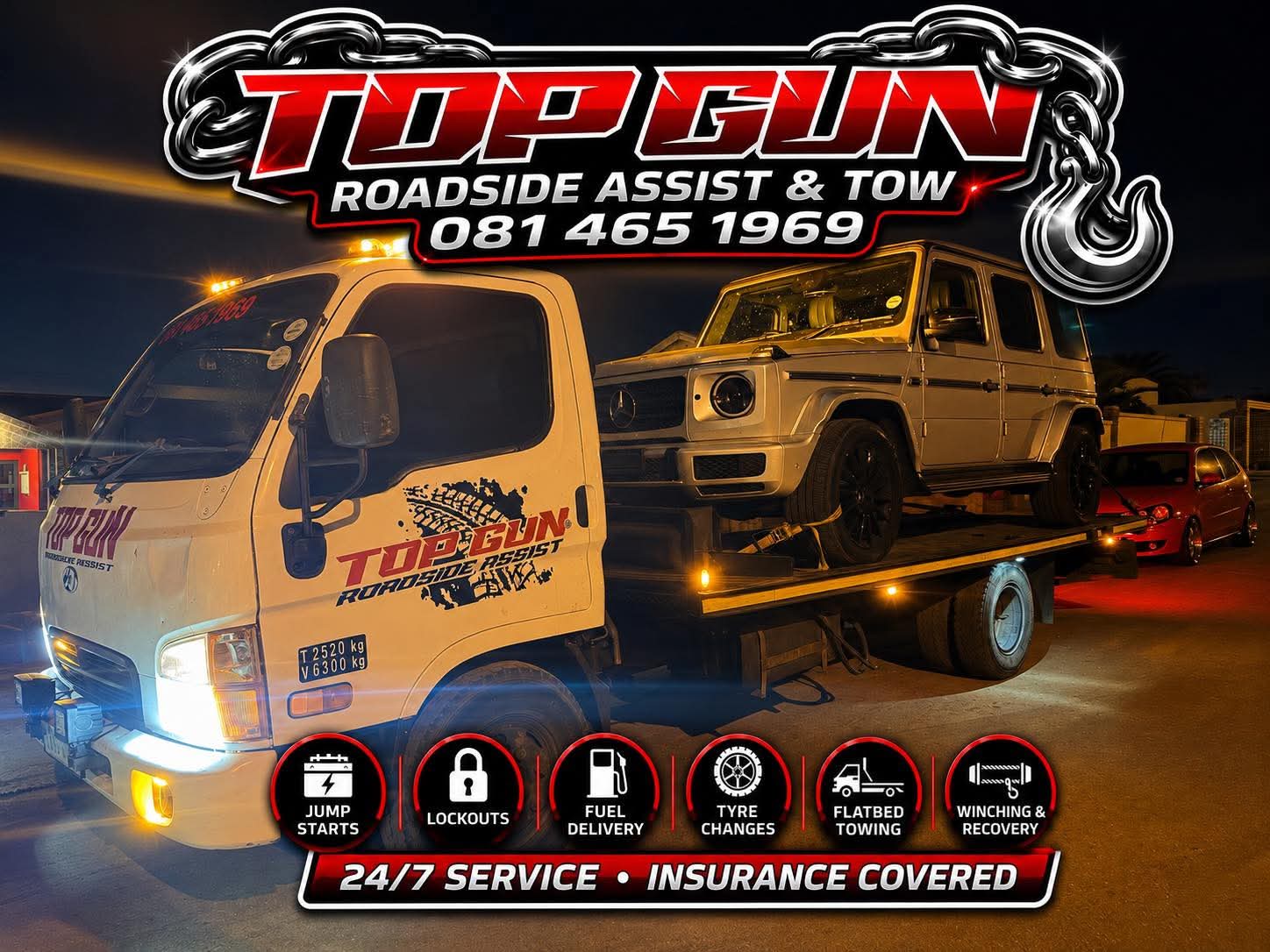 Top Gun flatbed with Mercedes G-Wagon at night